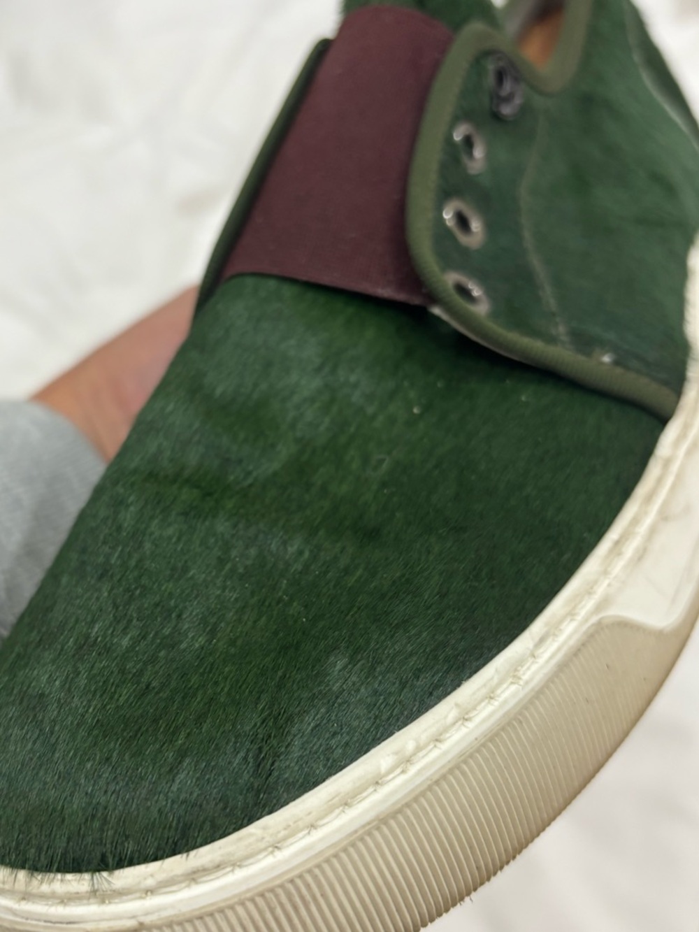 Moncler Green and Burgundy Slip-On Loafers